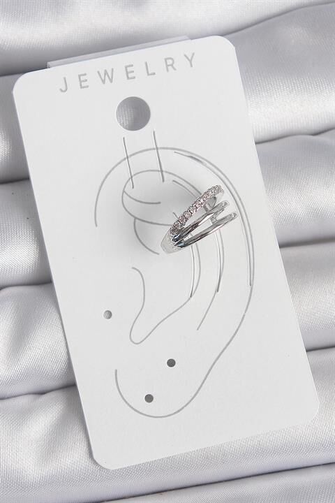 Pirinç Gümüş Renk Zirkon Taşlı 3'Lü Sıralı Model Kadın Kıkırdak Küpe