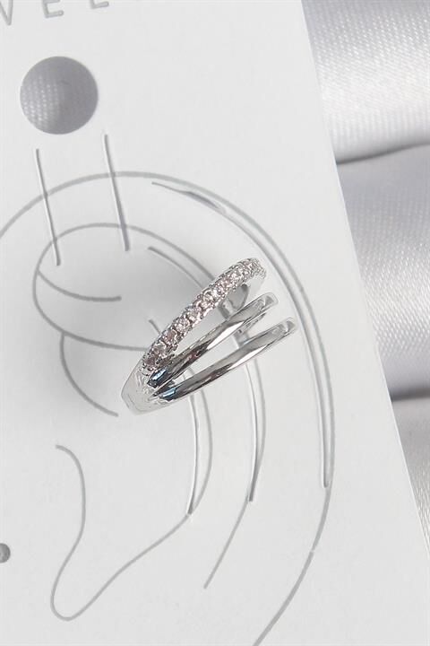 Pirinç Gümüş Renk Zirkon Taşlı 3'Lü Sıralı Model Kadın Kıkırdak Küpe