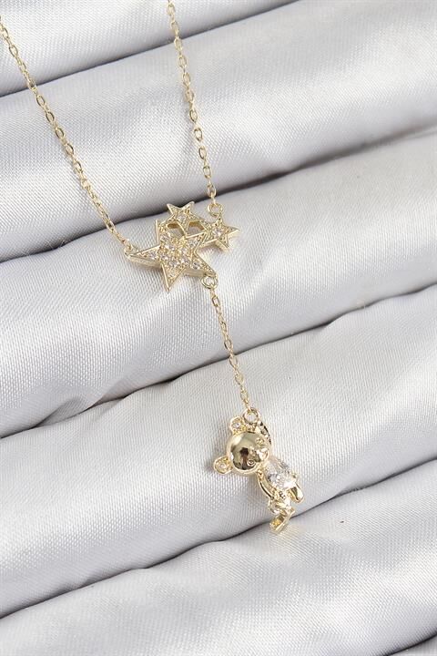 Pirinç Zirkon Taşlı Sallantılı Ayıcıklı Yıldız Model Gold Renk Kadın Kolye