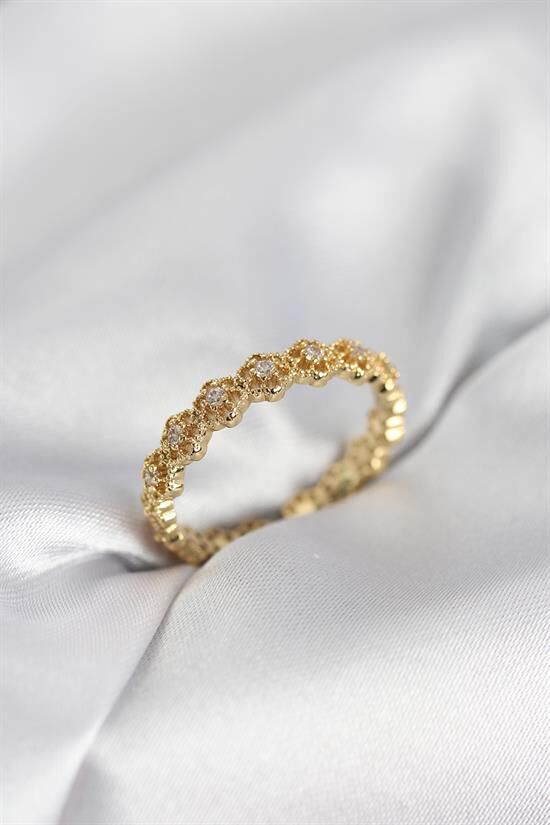 Sıralı Çiçek Model Gold Renk Zirkon Taşlı Kadın Yüzük