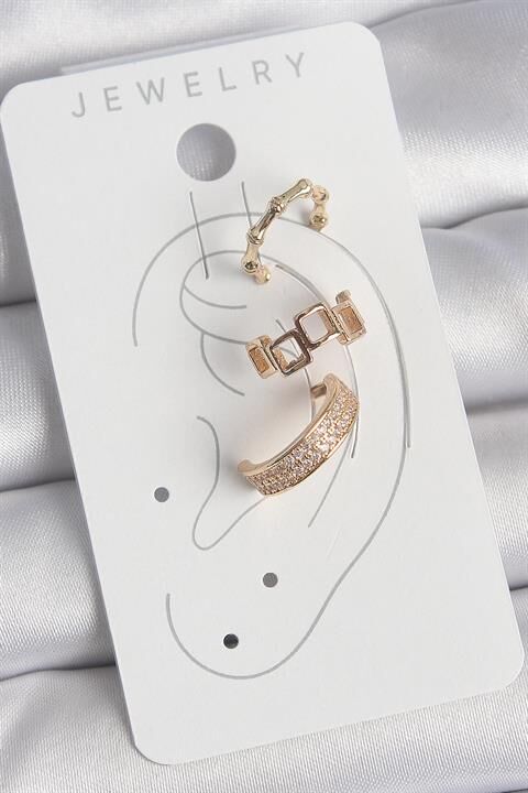 Pirinç Gold Renk Kare Model Zirkon Taşlı 3'Lü Model Kadın Kıkırdak Küpe