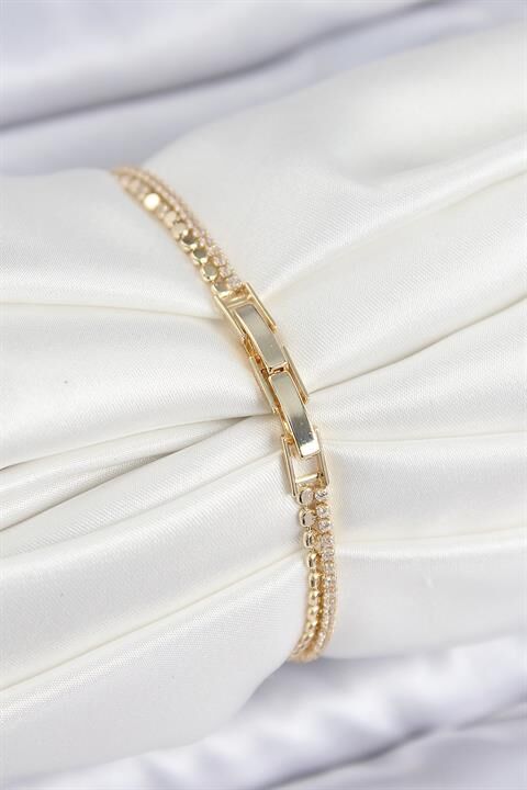Pirinç Zirkon Taşlı Ezme Zincirli Baget Model Gold Renk Kadın Bilekilk
