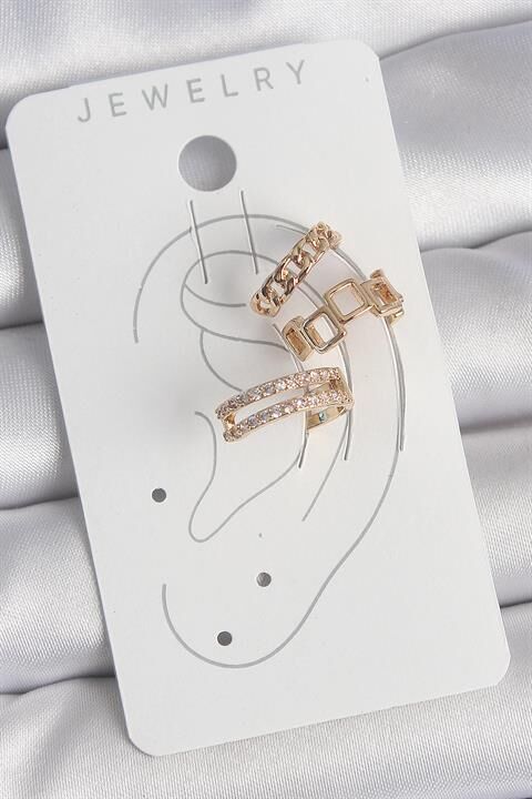 Pirinç Gold Renk Zirkon Taşlı Kare Zincir Model Kadın Kıkırdak Küpe