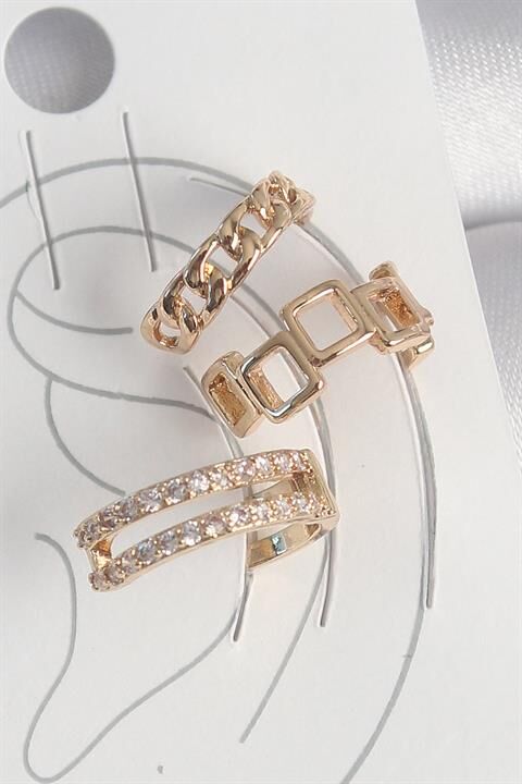 Pirinç Gold Renk Zirkon Taşlı Kare Zincir Model Kadın Kıkırdak Küpe