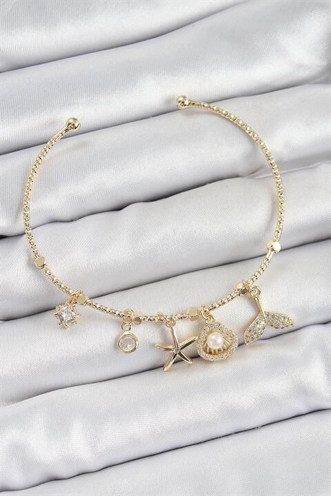 Pirinç Zirkon Taşlı İstiridye Ve Deniz Yıldızı Model Gold Renk Charm Bileklik