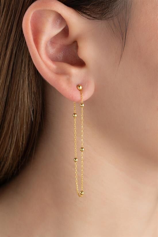 Gümüş Çift Zincirli Gold Top Detaylı Kadın Küpe