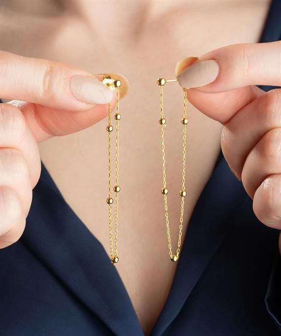 Gümüş Çift Zincirli Gold Top Detaylı Kadın Küpe