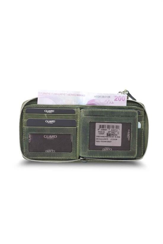 Guard Antik Yeşil Fermuarlı Yatay Mini Deri Cüzdan