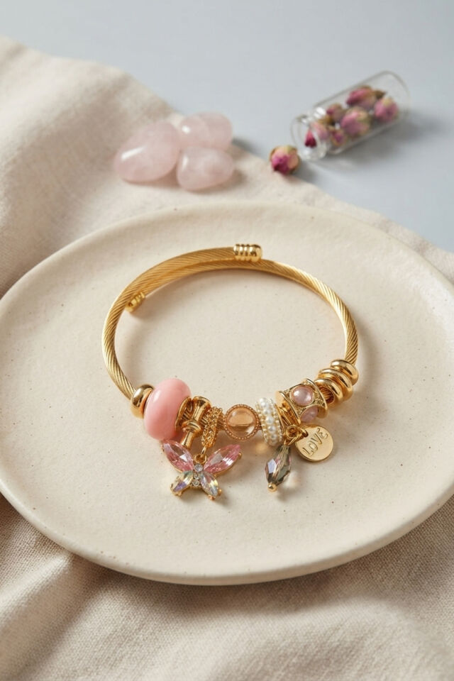 Pembe Kelebek Model Charmlı Bileklik