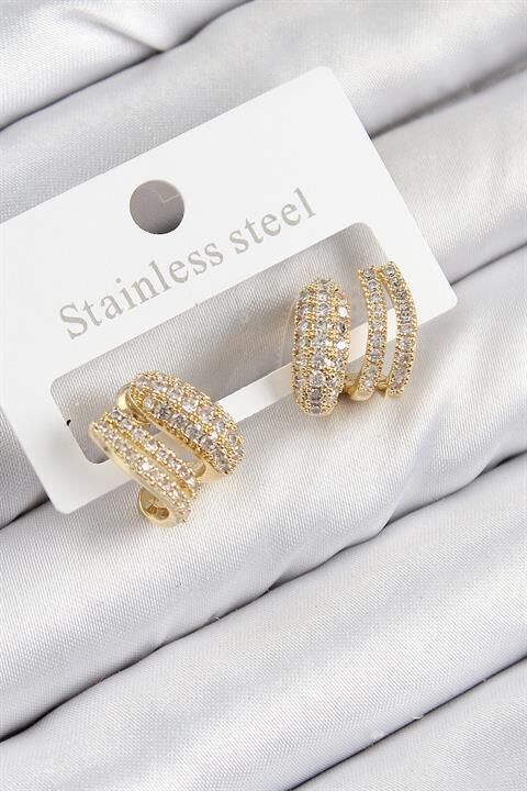 Pirinç Zirkon Taşlı Kıvrımlı Model Gold Renk Kadın Küpe