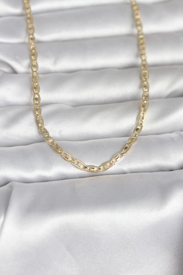 CM 14K Gold Renk Lazer Kesim Zincirli Model 60 cm Kadın Kolye