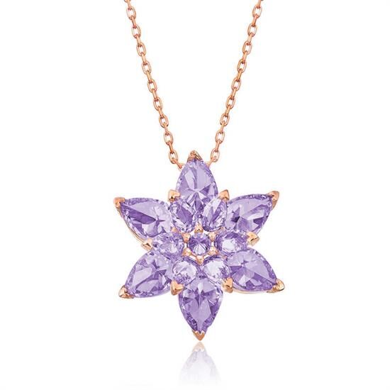 Gümüş Rose Lila Lotus Çiçeği Kolye