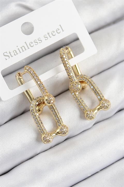 Pirinç Zirkon Taşlı Tifany Model Gold Renk Kadın Küpe