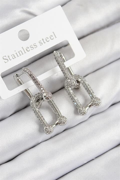 Pirinç Zirkon Taşlı Tifany Model Gümüş Renk Kadın Küpe