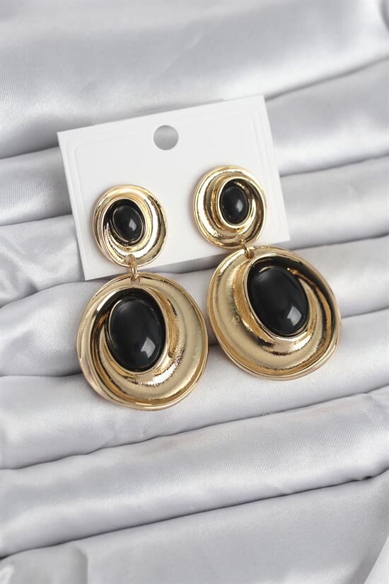 Siyah Sallantılı Damla Model Gold Renk Vintage Kadın Küpe