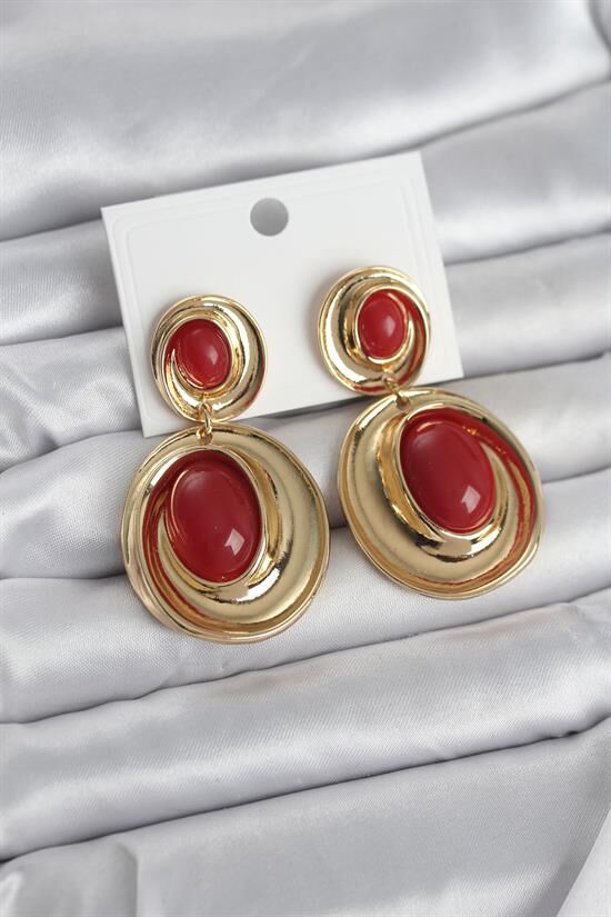 Kırmızı Sallantılı Damla Model Gold Renk Vintage Kadın Küpe