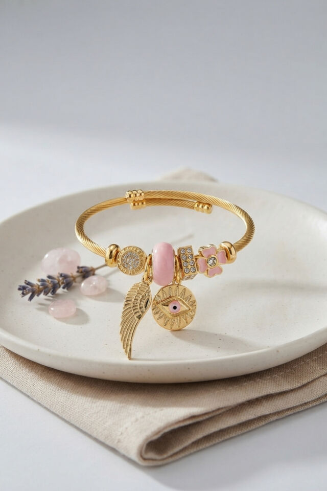 Pembe Göz Model Gold Renk Charmlı Bileklik