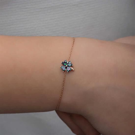 Gümüş Rose Mistik Topaz Yonca Kadın Bileklik