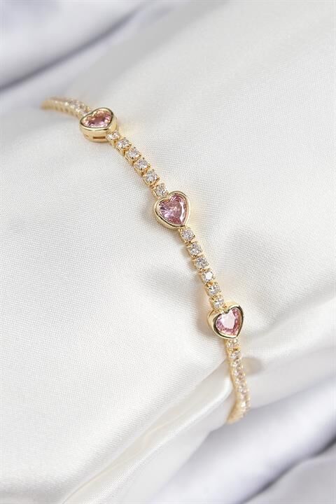 Pirinç Zirkon Taşlı Pembe Kalp Model Gold Renk Kadın Bileklik