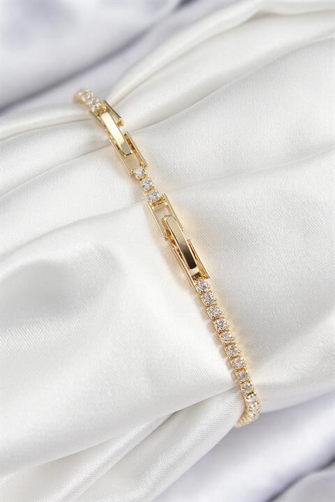 Pirinç Zirkon Taşlı Pembe Kalp Model Gold Renk Kadın Bileklik