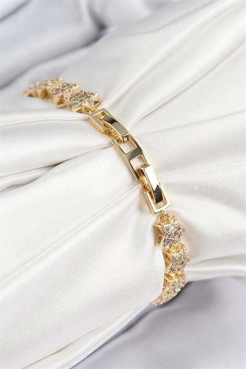 VIP Seri Pirinç Zirkon Taşlı Sıralı Yıldız Model Gold Renk Kadın Bileklik