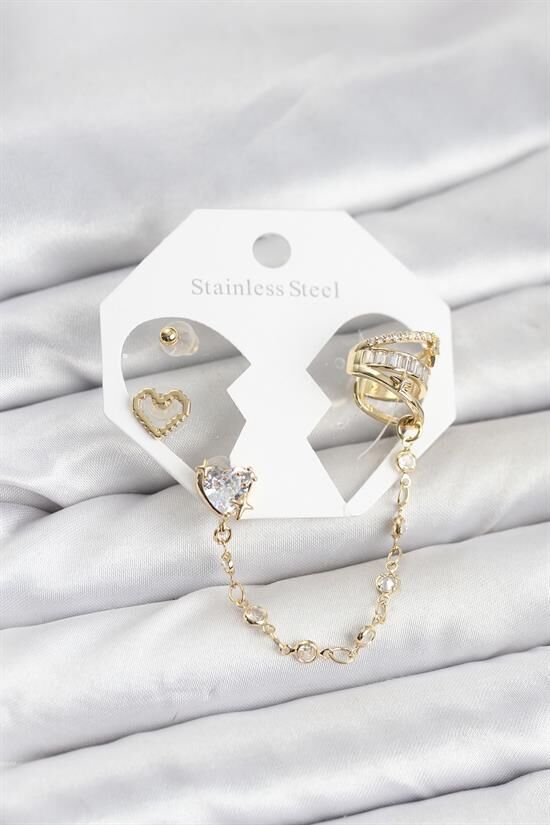 Pirinç Gold Renk Kalp Model Zincir Bağlantılı Ear Cuff Küpe Seti