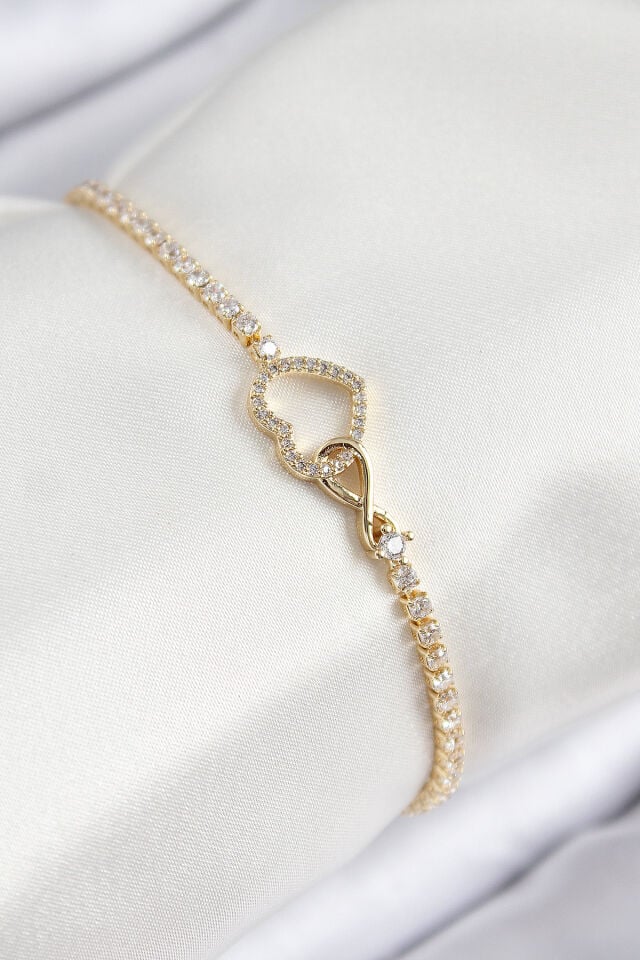 Pirinç Zirkon Taşlı Sonsuzluk Kalp Model Gold Renk Kadın Bileklik