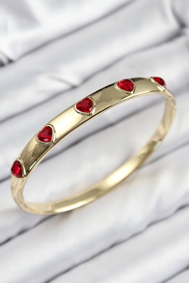 Pirinç Zirkon Taşlı Kırmızı Kalp Model Gold Renk Kadın Kelepçe
