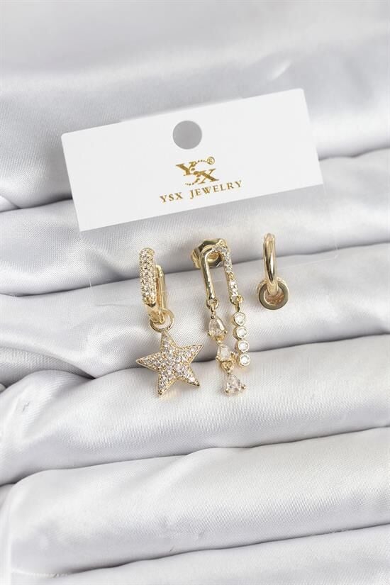 Pirinç Gold Renk Zirkon Taşlı Yıldız Vintage Model YSX Trio Küpe Seti