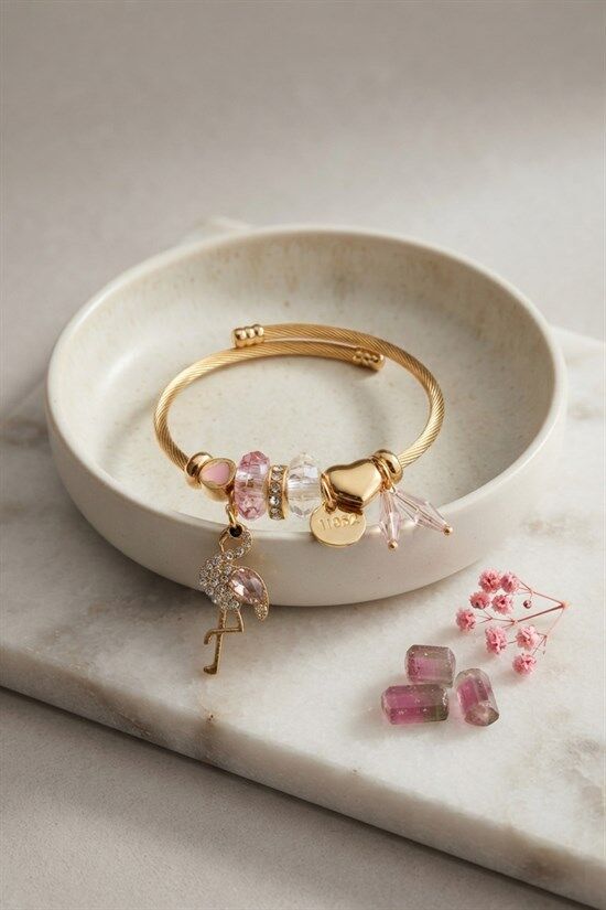 Pembe Flamingo Model Gold Renk Charmlı Bileklik