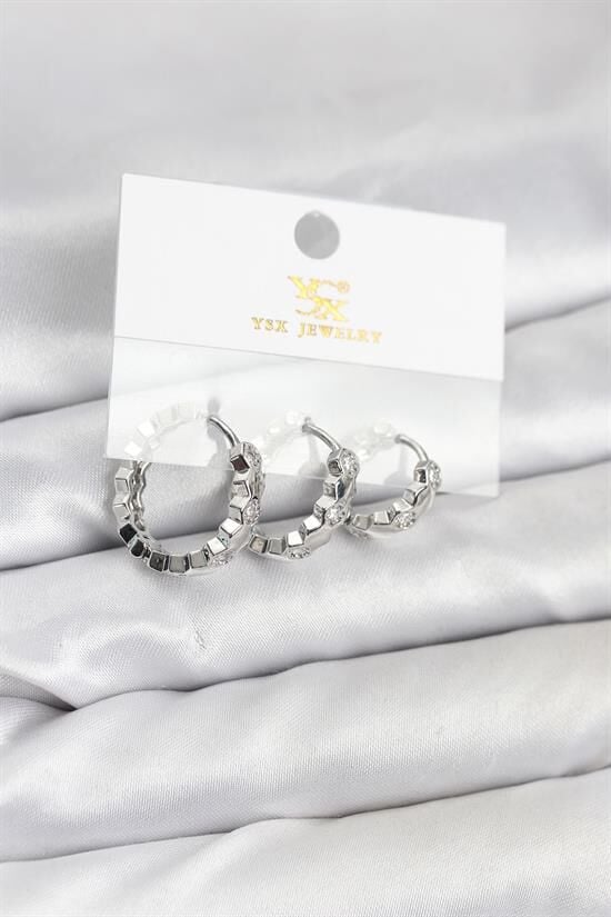 Pirinç Gümüş Renk Zirkon Taşlı Petek Halka Model YSX Trio Küpe Seti