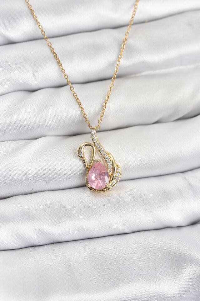 316L Çelik Zincir Gold Renk Pembe Kuğu Model Zirkon Taşlı Kadın Kolye