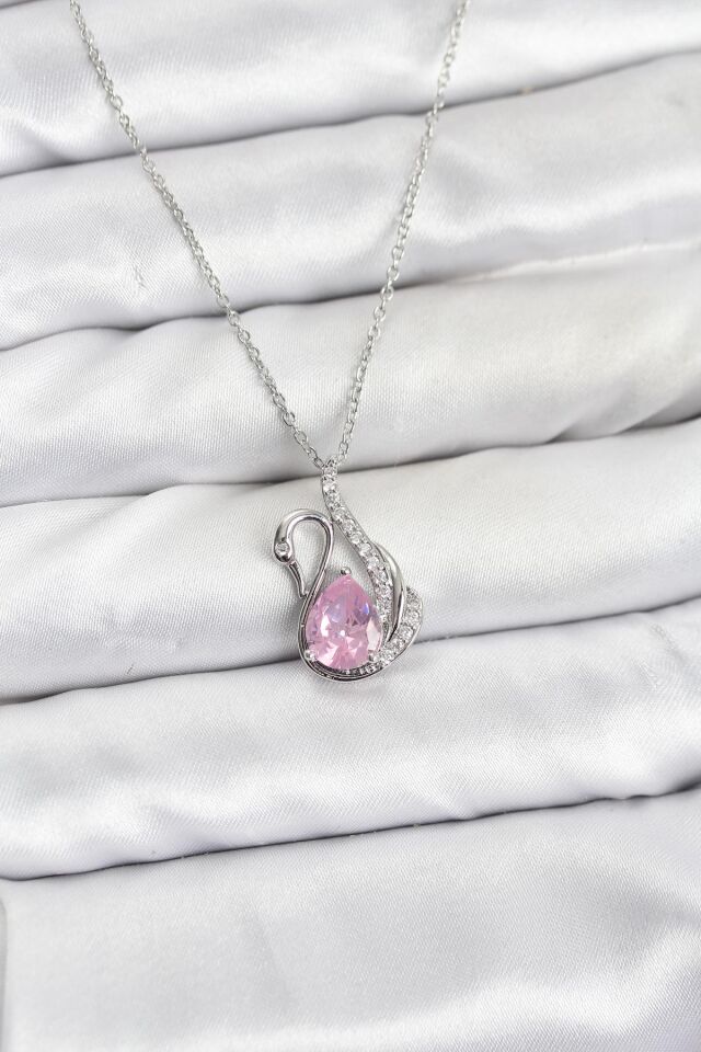 316L Çelik Zincir Gümüş Renk Pembe Kuğu Model Zirkon Taşlı Kadın Kolye