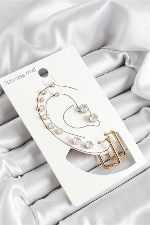 316L Çelik Dikdörtgen Figürlü Ve Zirkon Taşlı Gold Renk 7'li Çift Kadın Küpe Set