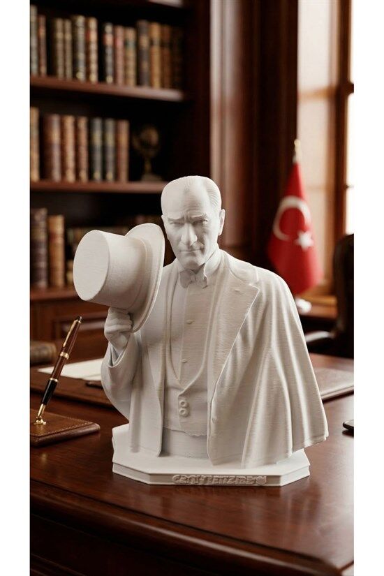 Atatürk Boyalı Şapkalı Büst Figür - 3D Baskı Dekoratif Heykel
