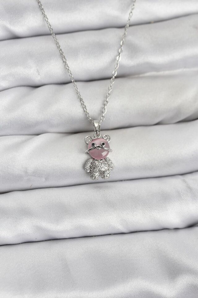 316L Çelik Zincir Gümüş Renk Teddy Bear Model Zirkon Taşlı Kadın Kolye