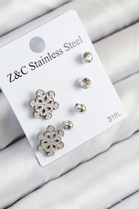 316L Çelik Zirkon Taşlı Kar Tanesi Model Gümüş Renk Kadın Set Küpe