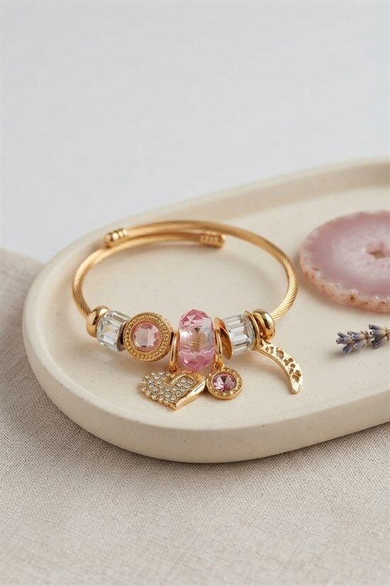 Kalp Model Gold Renk Pembe Charmlı Bileklik