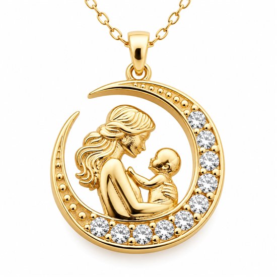 Gümüş Hilal İçinde Anne Bebek Figürlü Gold Kolye