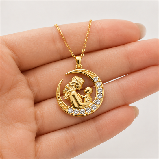 Gümüş Hilal İçinde Anne Bebek Figürlü Gold Kolye