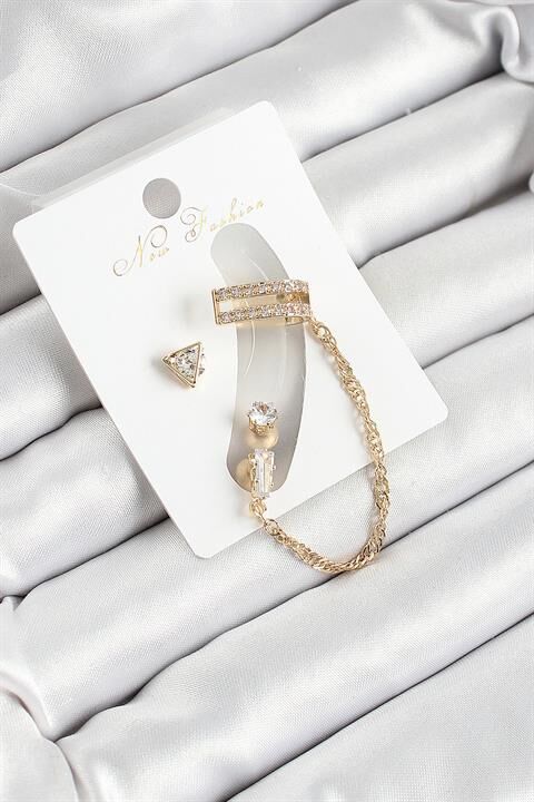 Pirinç Üçgen Figürlü Zirkon Taşlı Gold Renk 3'lü Kıkırdak Kadın Küpe Set