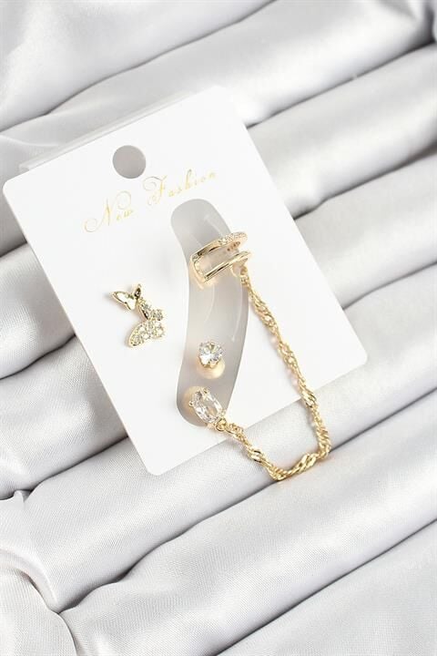 Pirinç Kelebek Figürlü Zirkon Taşlı Gold Renk 3'lü Kıkırdak Kadın Küpe Set