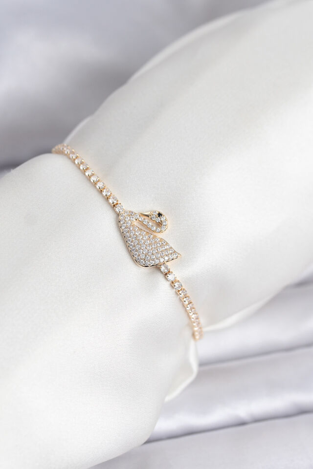 Kuğu Model Zirkon Taşlı Gold Renk Asansörlü Su Yolu Bileklik