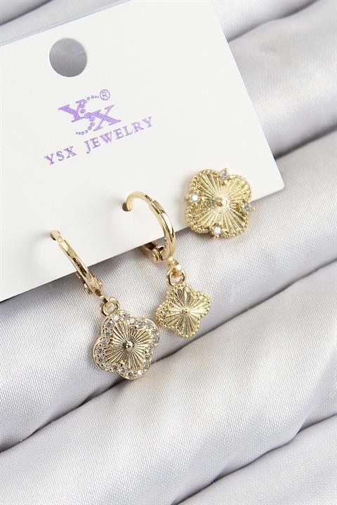 Pirinç Zirkon Taşlı 3'lü Yonca Model Gold Renk Kadın Küpe
