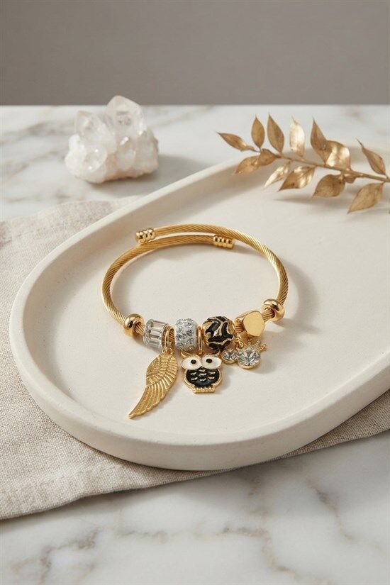 Siyah Baykuş Model Gold Renk Charmlı Bileklik
