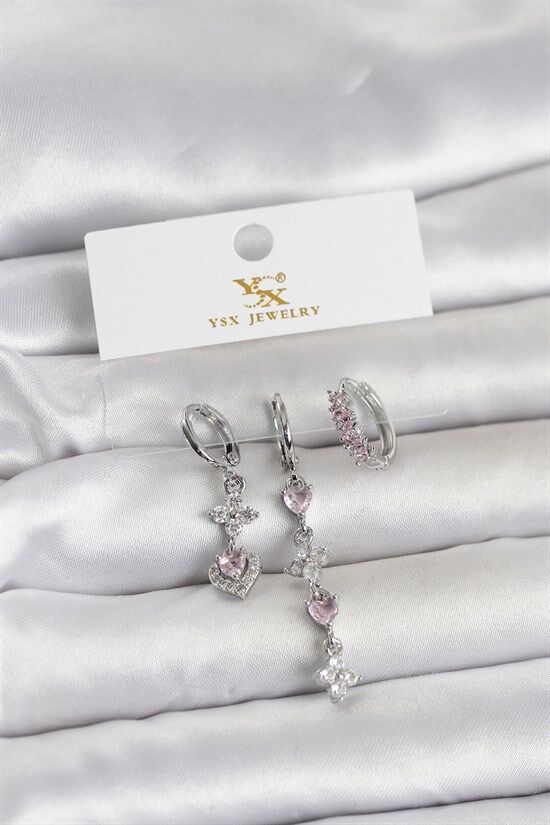 Pirinç Gümüş Renk Pembe Zirkon Taşlı 3'lü Kadın Küpe