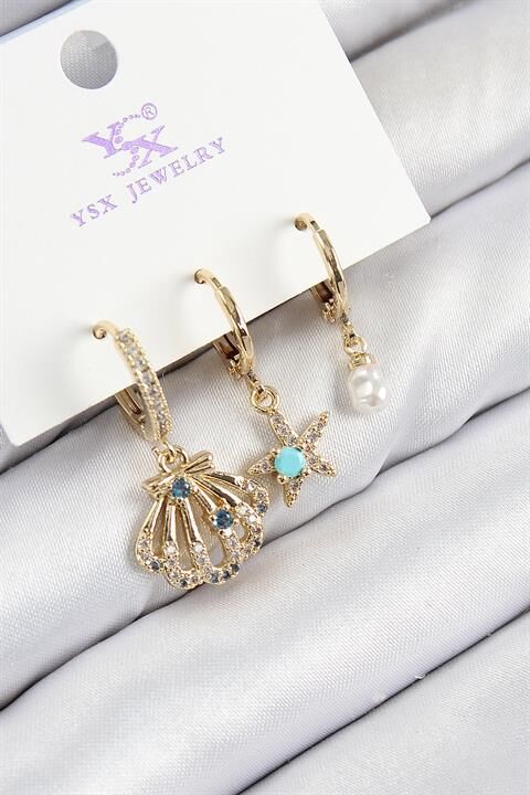 Pirinç Zirkon Taşlı 3'lü İstiridye Ve Yıldız Model Gold Renk Kadın Küpe