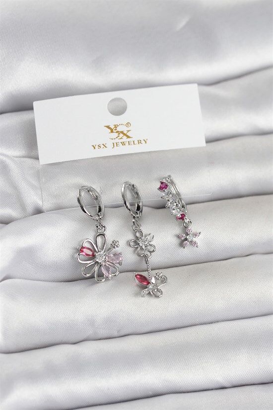 Pirinç Gümüş Renk Çiçek Model 3'lü Kadın Küpe
