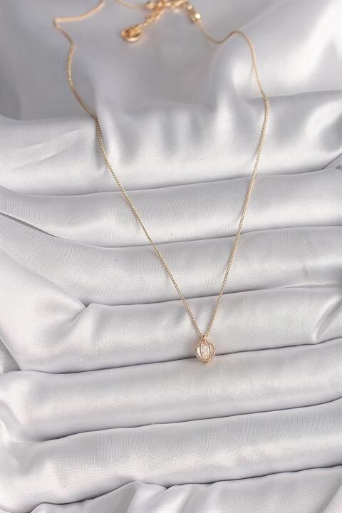 Pirinç Gold Renk Zirkon Taşlı Daire Kafes Model Kadın Kolye
