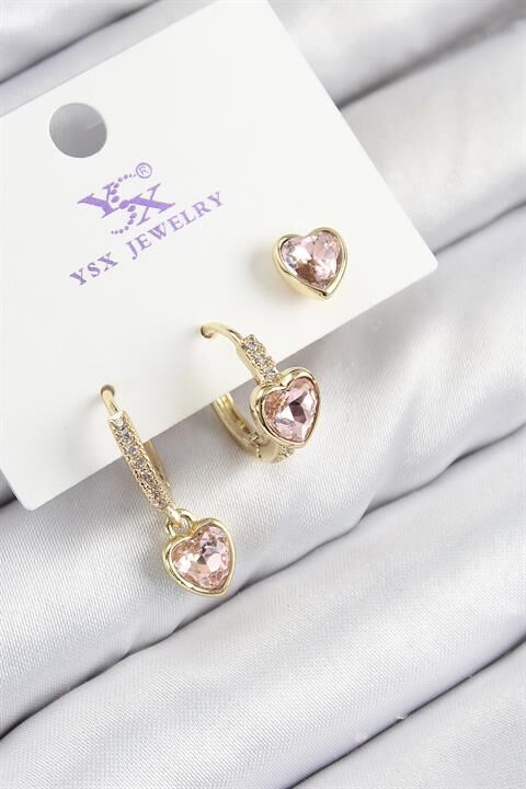 Pirinç Zirkon Taşlı 3'lü Pembe Kalp Model Gold Renk Kadın Küpe
